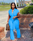 Blue Fashion Shirt Collar Single-breasted Wide Leg Jumpsuit with Belted