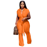 Orange Fashion Shirt Collar Single-breasted Wide Leg Jumpsuit with Belted