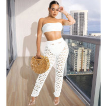 White Sexy Ripped Wrapped Top Three Piece Set