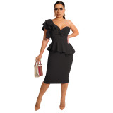 Black Elegant One Shoulder Ruffled Slit Peplum Dress