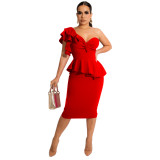 Red Elegant One Shoulder Ruffled Slit Peplum Dress