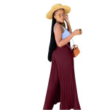 Wine Red Casual Solid Pleated Mid Waist Wide Leg Pants