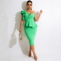 Green Elegant One Shoulder Ruffled Slit Peplum Dress