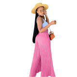 Pink Casual Solid Pleated Mid Waist Wide Leg Pants