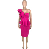 Rose Elegant One Shoulder Ruffled Slit Peplum Dress