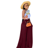 Wine Red Casual Solid Pleated Mid Waist Wide Leg Pants