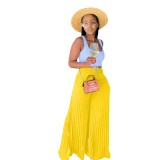 Yellow Casual Solid Pleated Mid Waist Wide Leg Pants