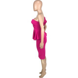 Rose Elegant One Shoulder Ruffled Slit Peplum Dress