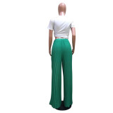Green Casual Solid Pleated Mid Waist Wide Leg Pants