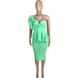 Green Elegant One Shoulder Ruffled Slit Peplum Dress