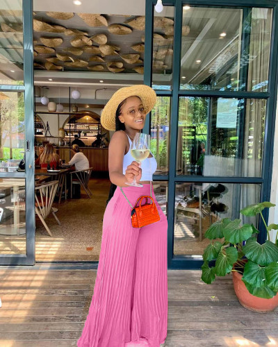 Pink Casual Solid Pleated Mid Waist Wide Leg Pants