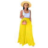 Yellow Casual Solid Pleated Mid Waist Wide Leg Pants