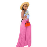 Pink Casual Solid Pleated Mid Waist Wide Leg Pants