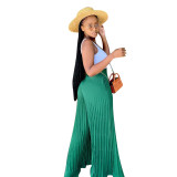 Green Casual Solid Pleated Mid Waist Wide Leg Pants