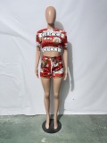 Casual Red Print Crop Top and Drawstring Shorts Two Piece Set