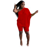Loose Red Knitted Slanted Shoulder Top and Shorts Set
