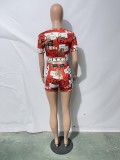 Casual Red Print Crop Top and Drawstring Shorts Two Piece Set