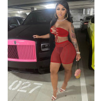 Red Sexy Mesh See Through Hip Lifting Sexy Shorts Set