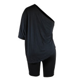 Loose Black Knitted Slanted Shoulder Top and Shorts Set