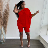 Loose Red Knitted Slanted Shoulder Top and Shorts Set