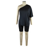 Loose Black Knitted Slanted Shoulder Top and Shorts Set