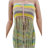 Colorful Knit Tassel Strapless Two Piece Shorts Sets