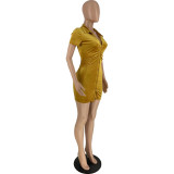 Solid Color Yellow Lapel Korean Velvet Casual Single-breasted Mini Dress