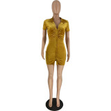 Solid Color Yellow Lapel Korean Velvet Casual Single-breasted Mini Dress