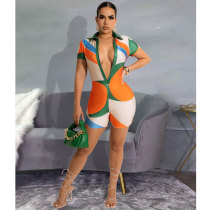 Fashionable Print Lapel Single-breasted Rompers