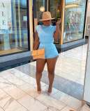 Sky Blue Solid Sleeveless Shoulder Pads Two Piece Shorts Sets