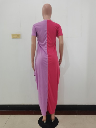 Women's Dress Baggy Casual Patchwork Loose Tunic Irregular Hem Dress with Pockets