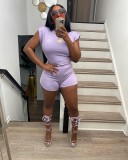 Purple Solid Sleeveless Shoulder Pads Two Piece Shorts Sets