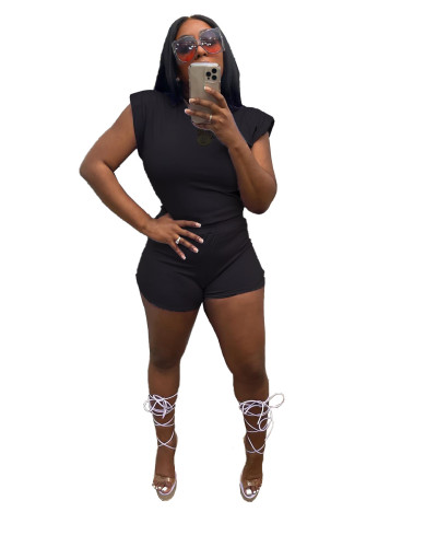 Black Solid Sleeveless Shoulder Pads Two Piece Shorts Sets
