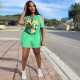 Green Casual Hip Hop Printed Split Fringe Short Sleeve T-Shirt Rompers