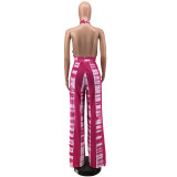 Rose Resort Tie Dye Print Halter Backless Wide Leg Jumpsuit