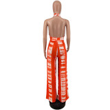 Orange Resort Tie Dye Print Halter Backless Wide Leg Jumpsuit