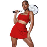Red Solid Color Pit Tennis Vest Hakama Sports Two Piece Skirt Set