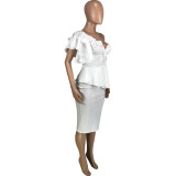 White Elegant Solid Split Joint Ruffles Sleeve Asymmetrical Single Shoulder Blouse and Midi Skirt