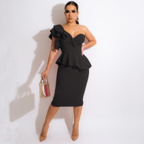 Black Elegant Solid Split Joint Ruffles Sleeve Asymmetrical Single Shoulder Blouse and Midi Skirt