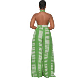 Light Green Resort Tie Dye Print Halter Backless Wide Leg Jumpsuit