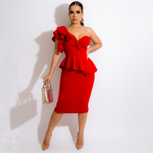 Red Elegant Solid Split Joint Ruffles Sleeve Asymmetrical Single Shoulder Blouse and Midi Skirt