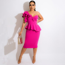 Rose Elegant Solid Split Joint Ruffles Sleeve Asymmetrical Single Shoulder Blouse and Midi Skirt