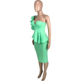 Mint Green Elegant Solid Split Joint Ruffles Sleeve Asymmetrical Single Shoulder Blouse and Midi Skirt