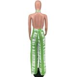 Light Green Resort Tie Dye Print Halter Backless Wide Leg Jumpsuit
