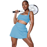 Light Blue Solid Color Pit Tennis Vest Hakama Sports Two Piece Skirt Set