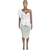 White Elegant Solid Split Joint Ruffles Sleeve Asymmetrical Single Shoulder Blouse and Midi Skirt