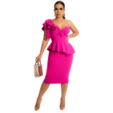 Rose Elegant Solid Split Joint Ruffles Sleeve Asymmetrical Single Shoulder Blouse and Midi Skirt