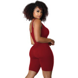 Wine Red Solid Color Ripped Vest Sexy Short Rompers