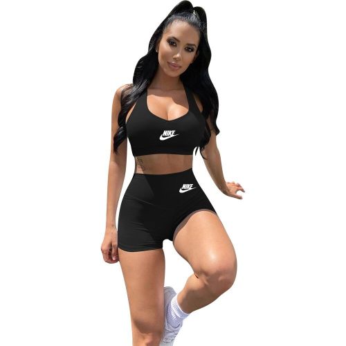 Black Casual Printed Two Piece Sportswear Vest Crop Top and Shorts