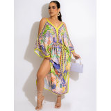 Summer Boho Printed Straps Cold Shoulder Slit Beach Maxi Dress
